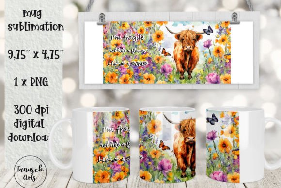 Download Funny Floral Highland Cow Mug Wrap PNG - Mug Collection