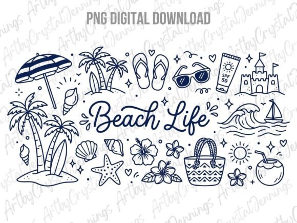 Download Hand Drawn Summer Beach Life Doodles PNG - Beach life Collection